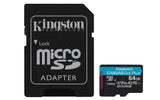 Карта памет Kingston Canvas Go! Plus, 64GB, UHS-I, Class 10, U3, V30, A2, Адаптер