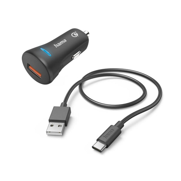 Зарядно за кола HAMA 12-24 V /USB-C 3A, Qualcomm Quick Charge 3.0, 19.5W+ кабел USB-C, 1 м, черен