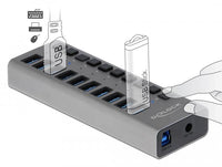 USB хъб Delock 10 x USB-A, 1 x USB-B, 5 Gbps, Превключвател, LED индикатор, Сив