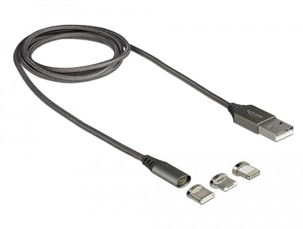 Кабел за зареждане Delock  3 в 1, USB-A мъжко - 8 Pin / Micro USB / USB Type-C, 1м, Черен