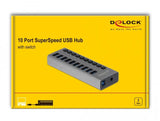 USB хъб Delock 10 x USB-A, 1 x USB-B, 5 Gbps, Превключвател, LED индикатор, Сив