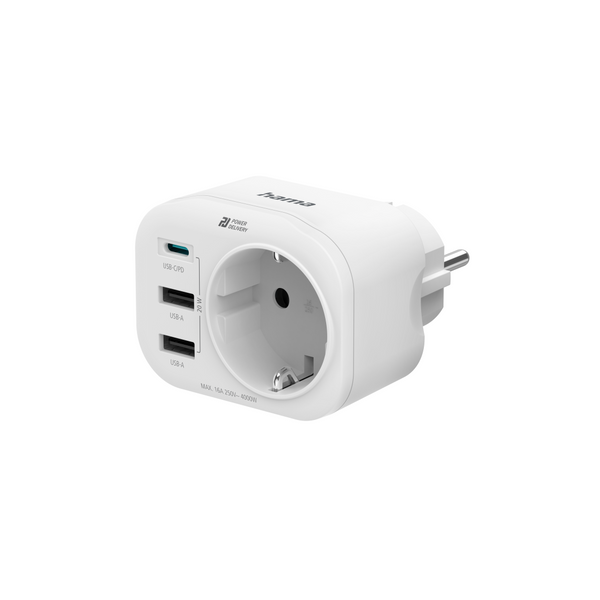 Мултипортов контакт HAMA, 4 гнезда, 1 x USB-C PD, 2 x USB-A, 20W, Бял