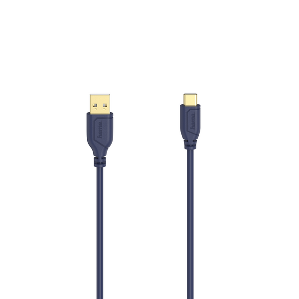 Кабел Hama Flexi-Slim USB-C - USB-A 2.0 мъжко, 0.75м,тънък, позлатен, син