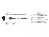 Кабел за зареждане Delock  3 в 1, USB-A мъжко - 8 Pin / Micro USB / USB Type-C, 1м, Черен