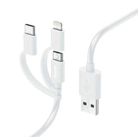 Кабел HAMA 3 в 1, USB-A - Micro-USB, USB-C и Lightning, 1.0 м., Бял