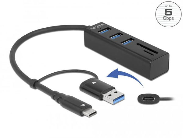 USB хъб Delock 63859, 3.2 Gen 1, 3 x USB-A, SD и MicroSD четец на карти, USB-C, USB-A конектор, Черен