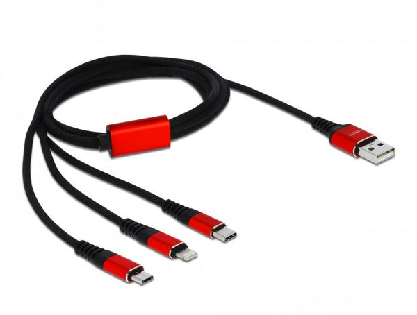 Кабел за зареждане Delock  3 в 1, USB - Lightning/ Micro USB/ USB-C, 1м, Черен/Червен