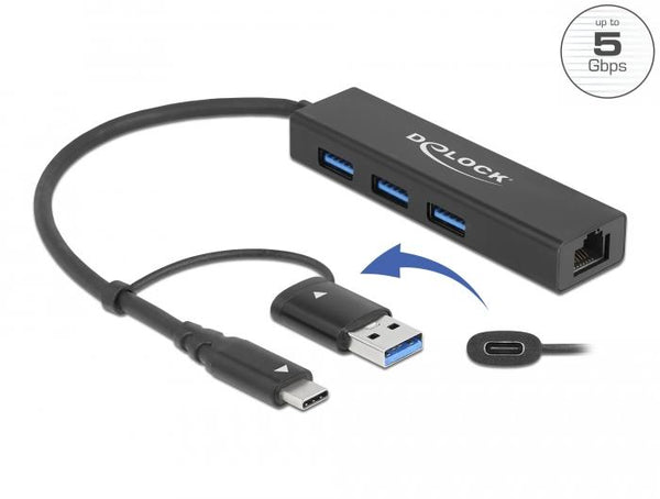 USB хъб Delock 64149, 3.2 Gen 1, 3 x USB-A, Gigabit LAN, USB-C, USB-A конектор, Черен