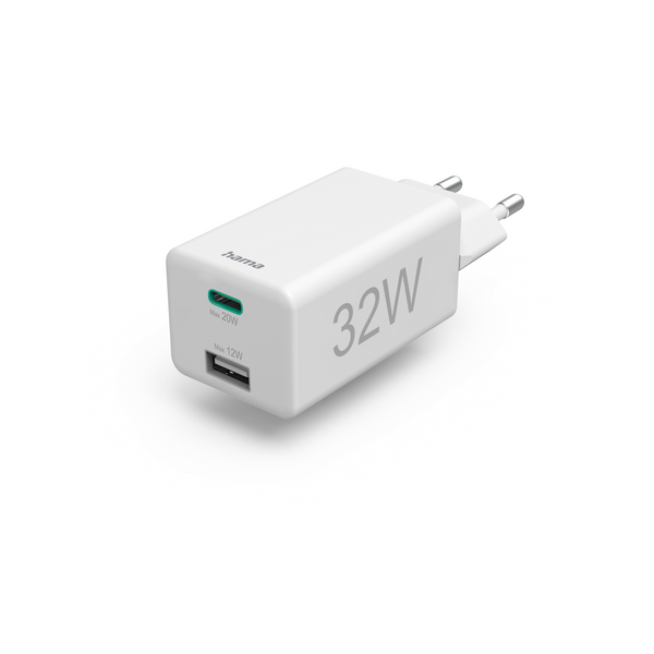 Бързо мини зарядно HAMA, USB-C, USB-A, PD/Qualcomm, 32 W, Бяло