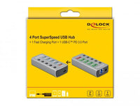 USB хъб Type-C Delock 4 x USB-A, 1 Fast Charging Port, 1 x USB-B, 1 x USB-C PD, Подсветка, Сив