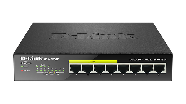 Суич D-Link DGS-1008P, 4x PoE + 4 x стандартни, 10/100/1000, Gigabit,